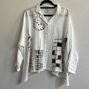 M SQUARE White Woven Mandarin Swing Shirt Top Black Clock & Cityscape Print OS